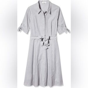 NWT Calvin Klein Striped Tie-Waist Midi Dress in Light Gray and White